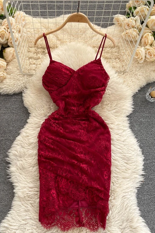 

2021 Summer New Fashion Women Lace Dress Sexy Slim Solid Color Sleeveless Spaghetti Strap Empire Short Party Dress J234