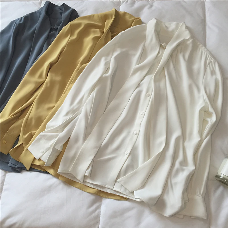 

Spring and autumn women's casual solid color bow decoration loose shirt
