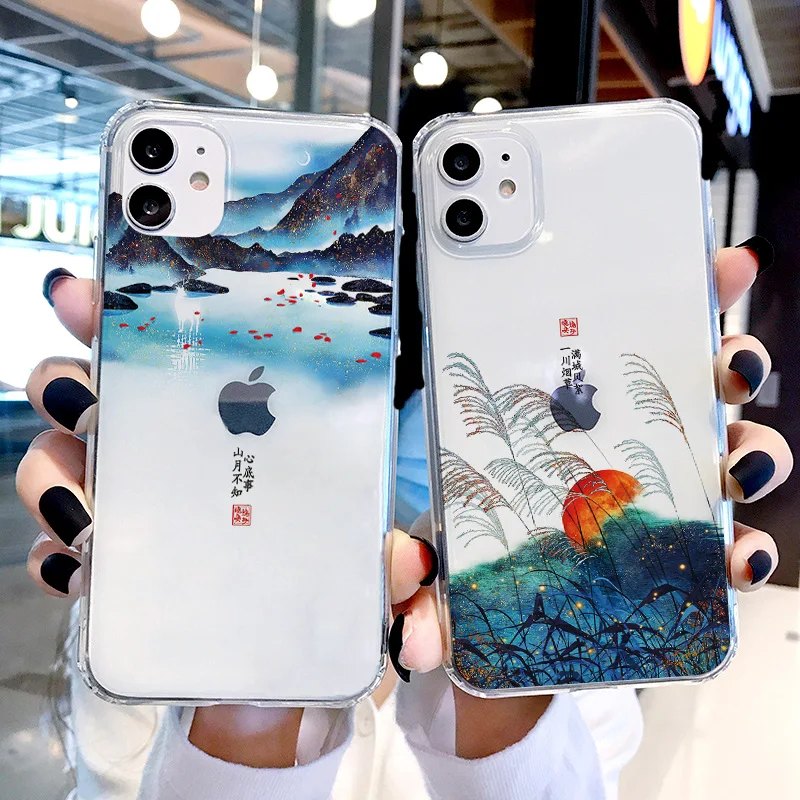 

Phone Case For iPhone 8 7 Plus 11 12 13 Pro Max Mini XR X XS MAX SE2020 Chinese Style Ancient poems Clear Transparent Back Cover