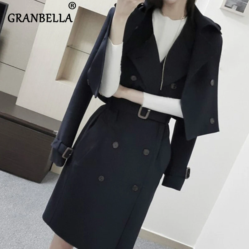 Женский облегающий плащ средней длины укороченный цвета хаки с жилетом офисная