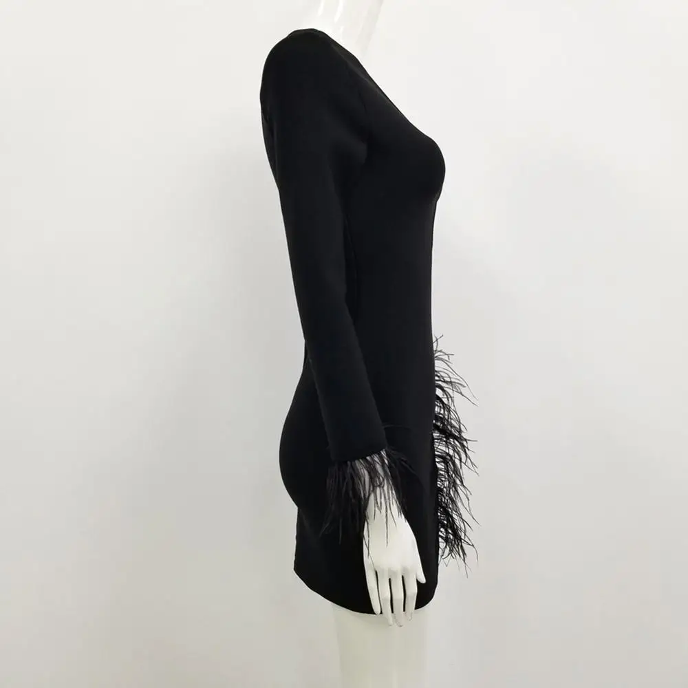 Женское Сетчатое платье с перьями дизайнерское Бандажное длинным рукавом