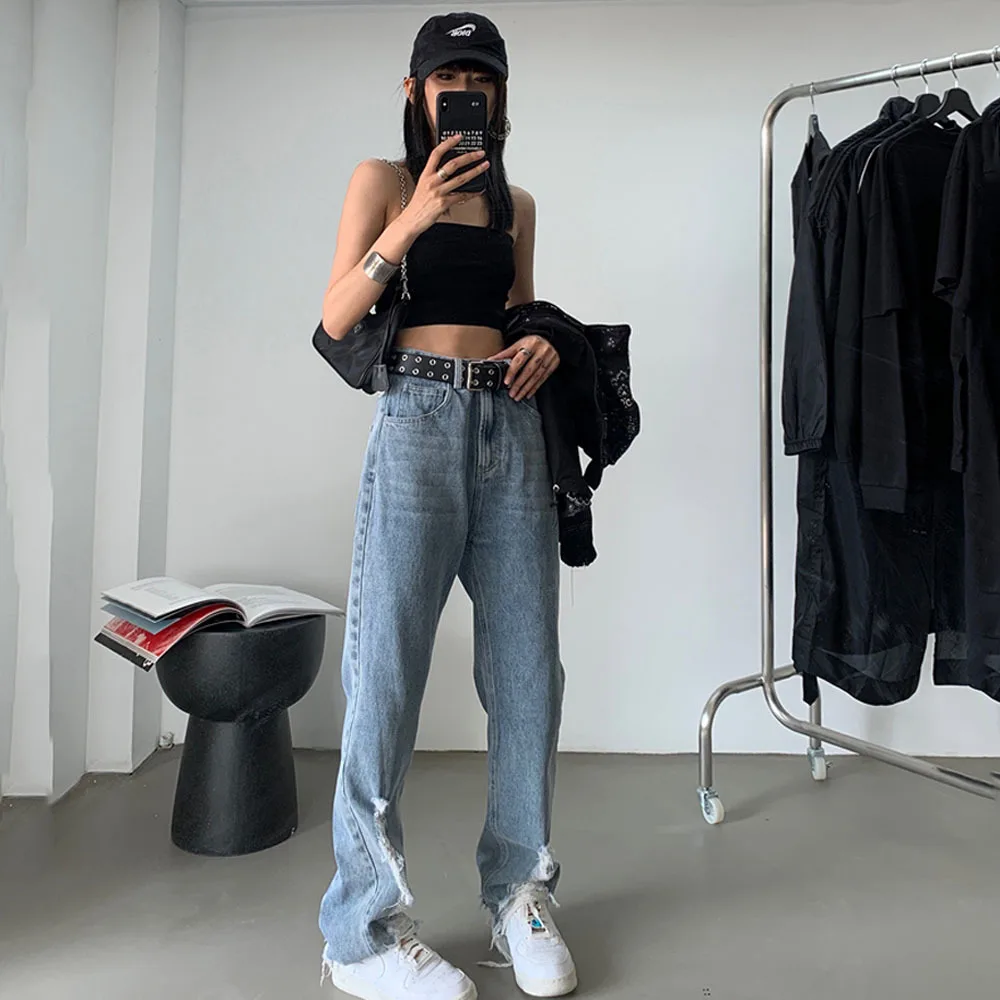 

Mopping Jeans Women's Summer 2021 New Korean Version Of Loose Thin High-waisted Light-colored Burrs Ripped Straight-leg Pants