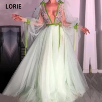 lorie evening dress with 3d flowers sexy v neck appliques a line long sleeve arabic prom gown tulle party dress for graduation