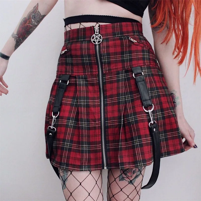 

EMO Plaid Skirt With Strap Pentagram Zip-Up Tartan Pleated Skirt Women Y2K alt e-Girl Gothic Punk Outfit /