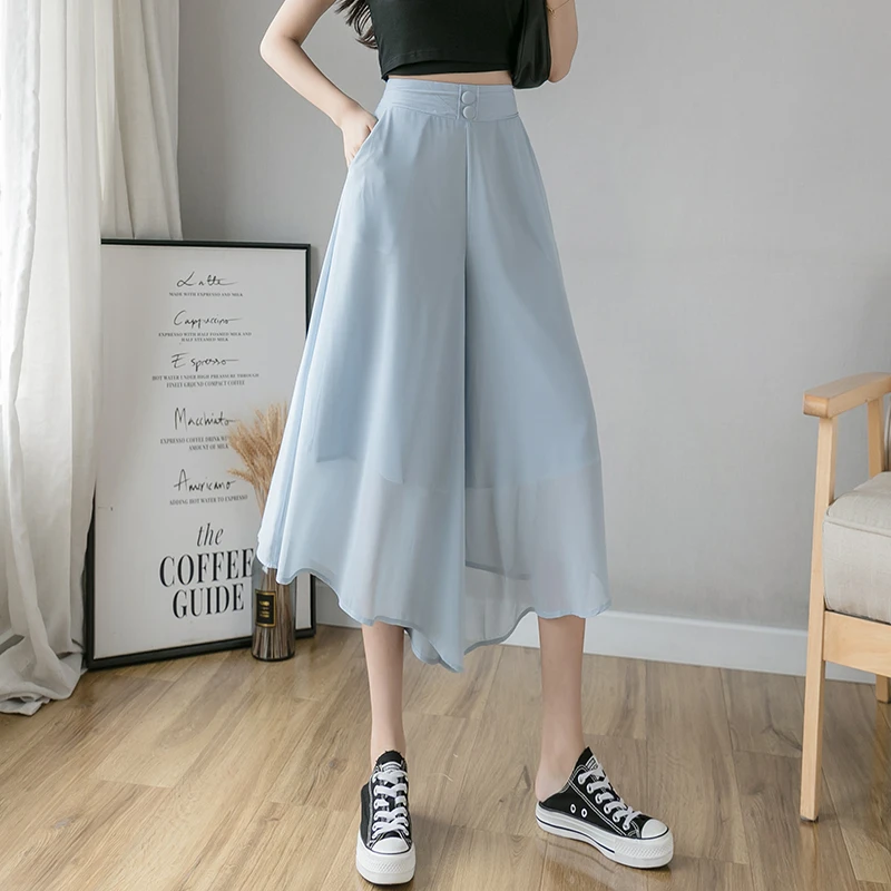 

Limiguyue Summer Chiffon Pants Women Wide Leg Pants Elastic High Waist Capris Trousers Slim 2Layer Calf-Length Skirt Pants K2018