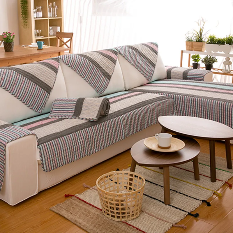 Хлопковый чехол для дивана бежевый клетчатый подушки подлокотника полотенце