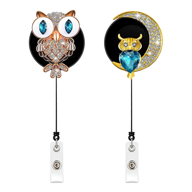 

2Pcs Retractable Badge Holder Reel Owl ID Holder Rhinestones Badge Reel Holder with Alligator Clip for Nurse
