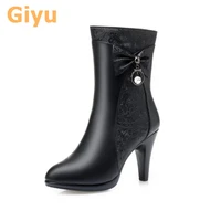 giyu 2020 autumn and winter new high heels wool boots fashion martin boots womens boots genuine leather full cowhide plus size
