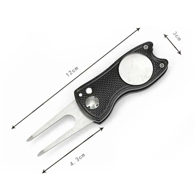 

Stainless Steel Folding Golf Divot Repair Fork with Magnetic Button Pitch Groove Remover Cleaner Pitchfork Switchblade Tool