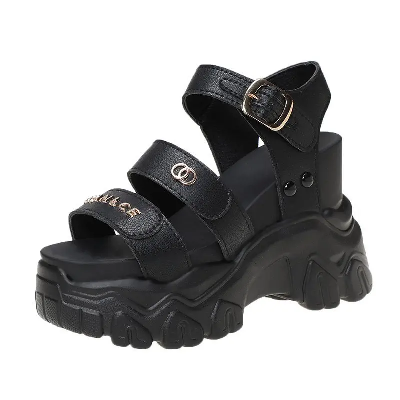 

Ins tide thick bottom muffin sandals women 2021 summer new Korean one button high heel slope heel Roman fish mouth shoes women