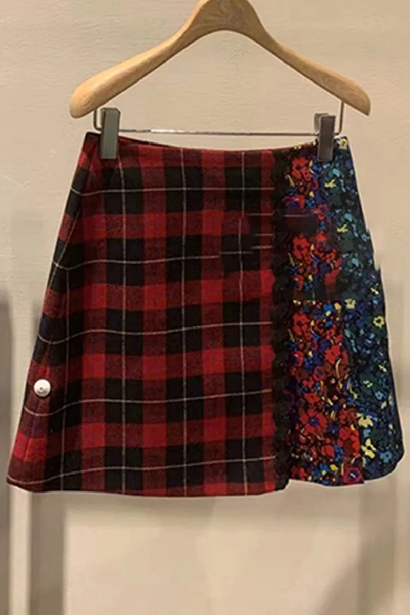 

Shumeng Kawaii Red Plaid Mini Skirts Female 2021 Summer Casual Harajuku High Waist Above Knee Patchwork Short Skirt for Women