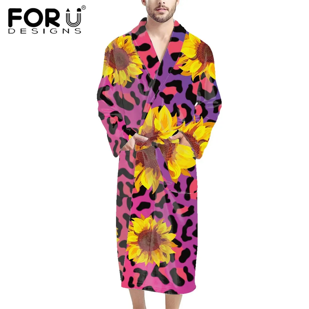 

FORUDESIGNS Sunflower and Animal Markings Print Men's Fuchsia Bathrobe V-Neck Home Clothing Nightly Robes Warm Flannel Kimono