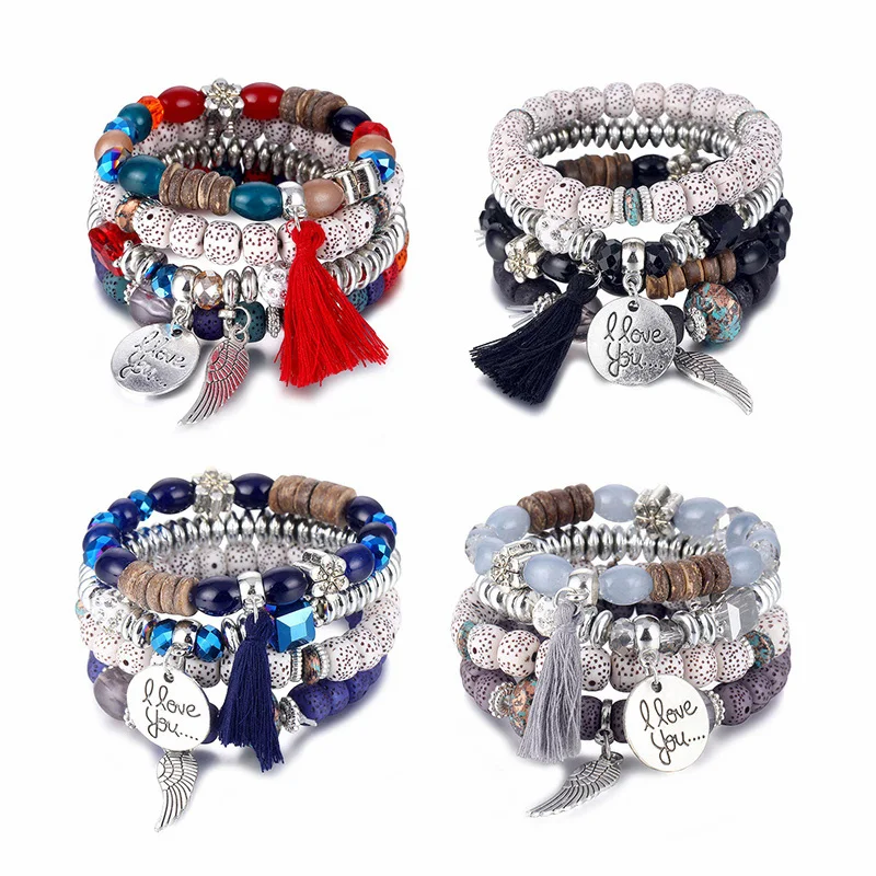 Женский браслет с бусинами и кисточками комплект из браслета кольца кристаллами