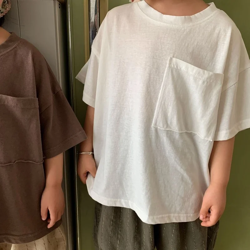

2021 Children Summer New Solid Color Simple Basic Cotton Short Sleeve T-shirts Toddler Kids Casual Loose Top Clothing