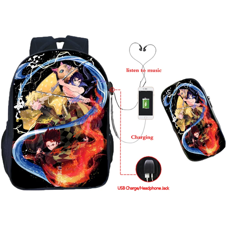 

Demon Slayer USB Backpack and Pen Bag 2pcs-Set Anime Kimetsu No Yaiba School Bag Kamado Tanjirou Nezuko Teen Laptop Travel Bag
