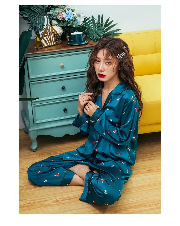 2019 Осенняя женская пижама из искусственного шелка атласная цветочный костюм с