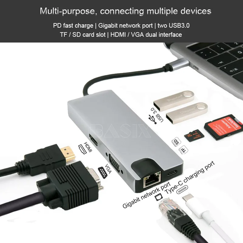 8in1 usb c hdmi vga Basix USB C концентратор USB-C к HDMI VGA адаптер Thunderbolt 3 тип-c PD TF 3,5 мм считыватель слот USB3.0 концентратор для MacBookPro huawei P20 Pro - Цвет: 8in1 usb c hdmi vga