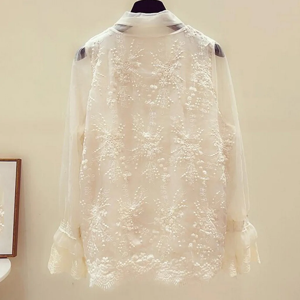 Модная кружевная блузка с галстуком-бабочкой рубашка перспективным рукавом