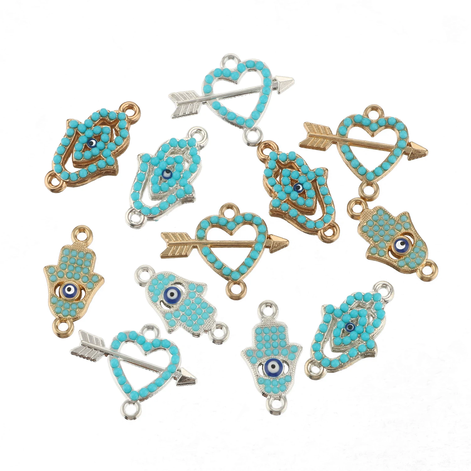 

10pcs Blue Fatima Beads Hand Evil Eye Pendant Drop Oil Gold Silver Color Charms For Diy Bracelet Connector Jewelry Making