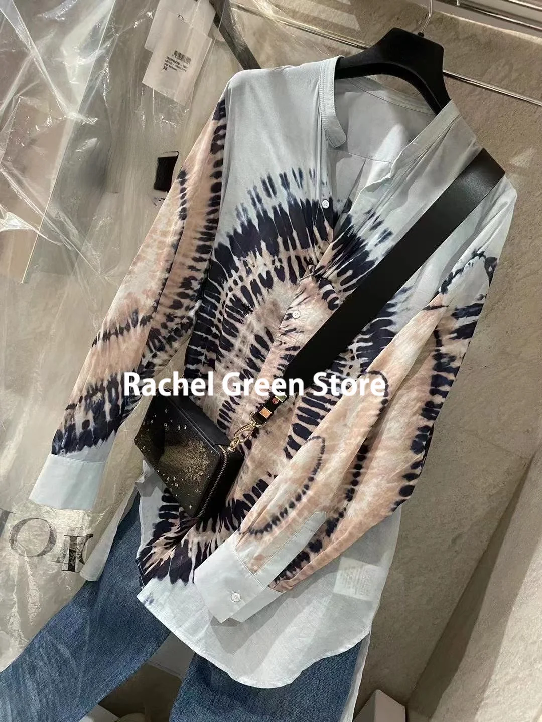 

luxury design 2021 branded sheer Cotton Shirt Tie Dye Ink classic Print long Shirts blouse Women Loose Stand Collar Top blouses