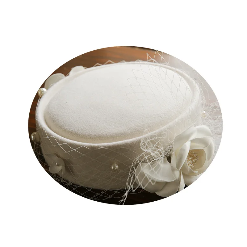 

Wedding Woman Hat Fascinators Pillbox Hat With Veil 100% Australian Wool Felt Beret Hats Cocktail Banquet Flower Fedoras Caps