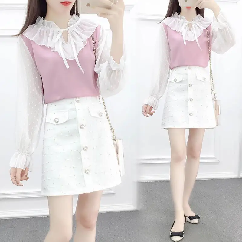 

Women 2020 Spring Autumn Fashion Sets Female Long Sleeve Elegant Shirts Blouses Tops+High Waist Mini Skirt Two Pieces Set Y436