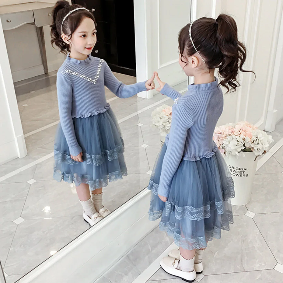 Платье для девочек лоскутное кружевное платье трикотажное платье-свитер Осеннее