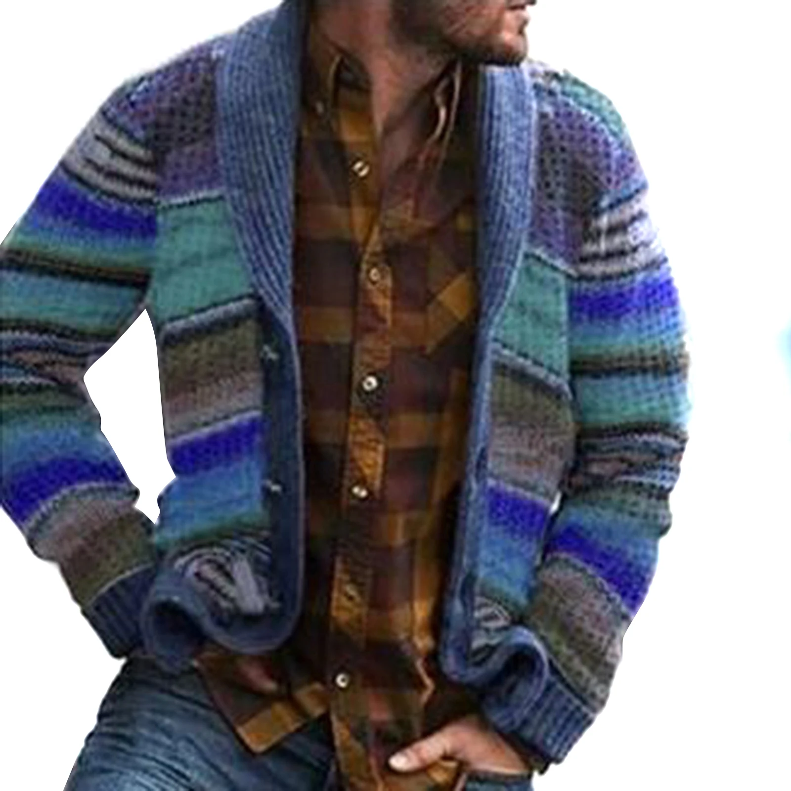 

Western Style Sweater Cardigan Men's Knitwear Blocks Rainbow Striped Sweater Loose Coat XRQ88