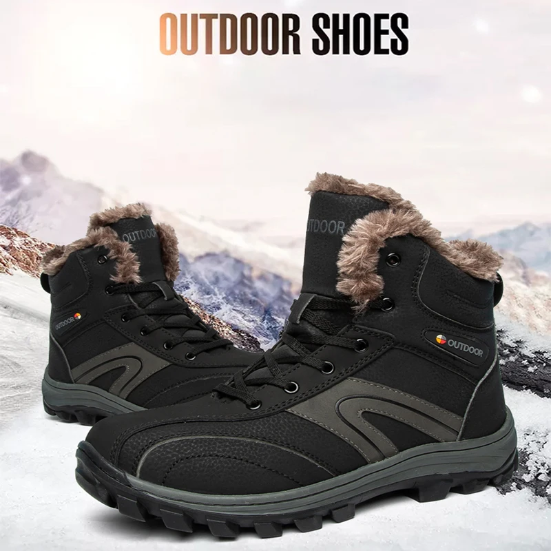 

2021 Men's Plus Cotton Snow Boots Winter Leather Waterproof Hiking Shoes Outdoor Non-Slip Cotton Shoes Men's Large Size 40-48