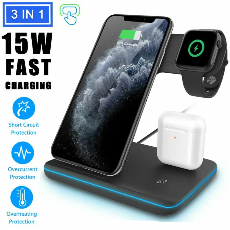 For iPhone 11 Pro Max XS 3 In 1 Wireless Charger Charging Station Dock Stand | Электроника