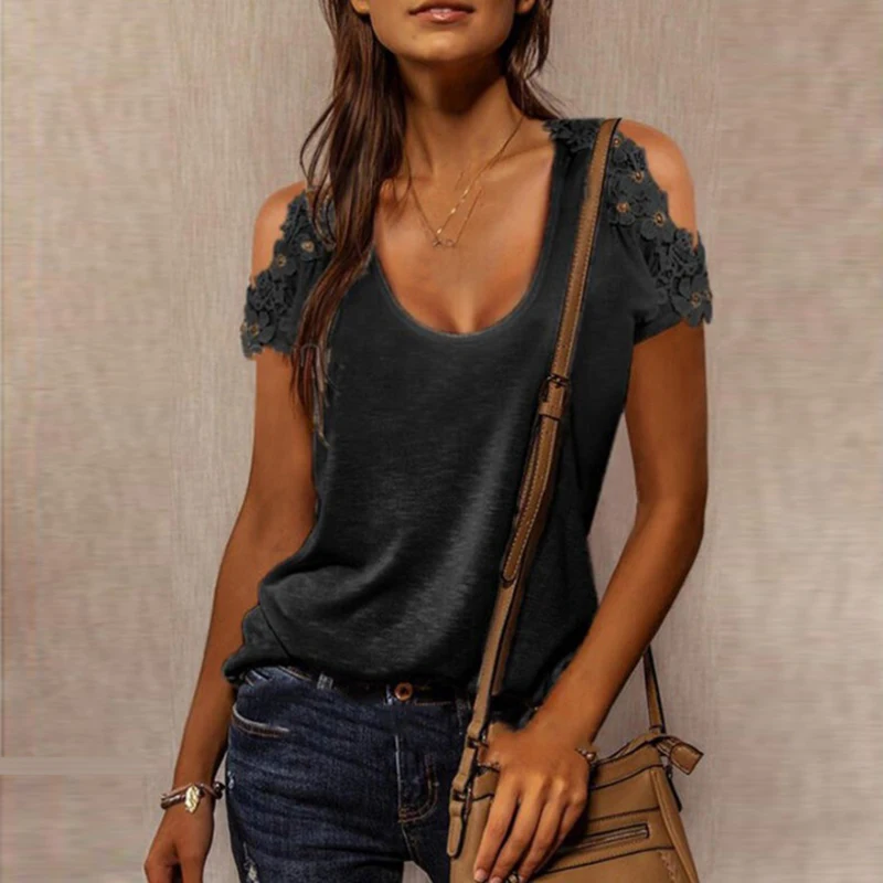 

Women Summer Shirt Tops For Ladies Lace Stitching O Neck Short Shirts For Women Fashion Loose Tshirt Women Vintage Casual Tops