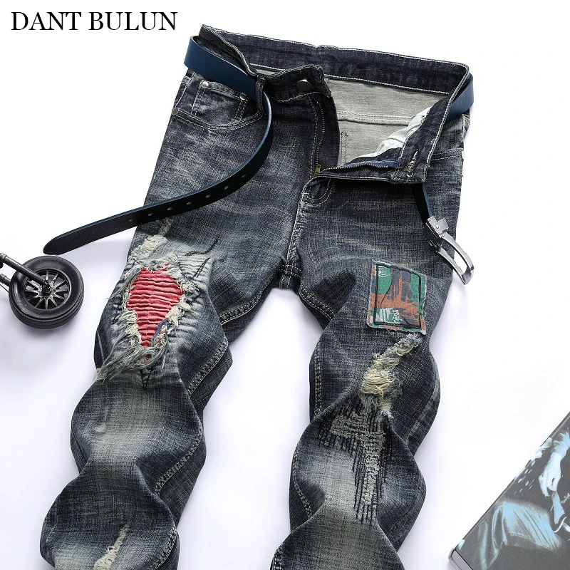Men's Jeans Patchwork Ripped Embroidered Stretch Jeans Pleated Patches Pants Trendy Holes Straight Denim Trouers Biker Jeans