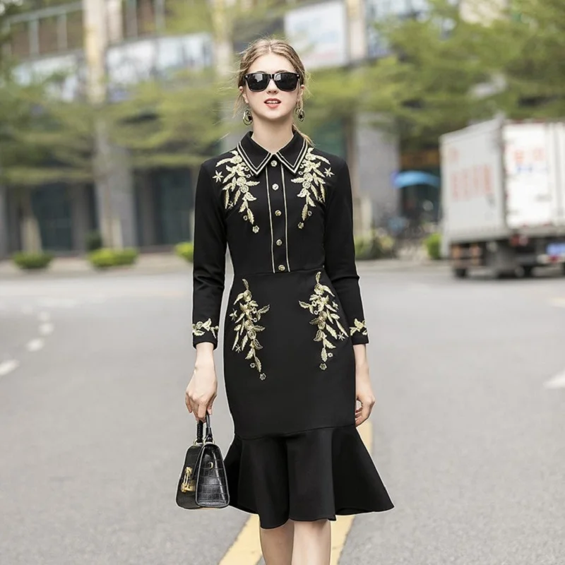 Женское платье с вышивкой черное винтажное до колен в стиле ретро зима 2019|Женские