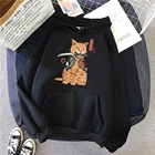 Худи женское флисовое оверсайз с карманами, винтажный пуловер свободного покроя в стиле японского аниме, с мультяшным принтом кошки, уличная одежда в стиле Харадзюку