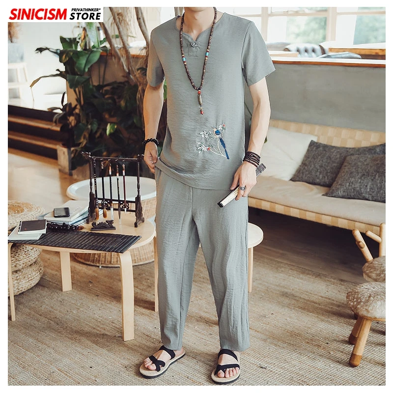 Sinicism Store мужской летний спортивный костюм с вышивкой 2020 мужские льняные шорты