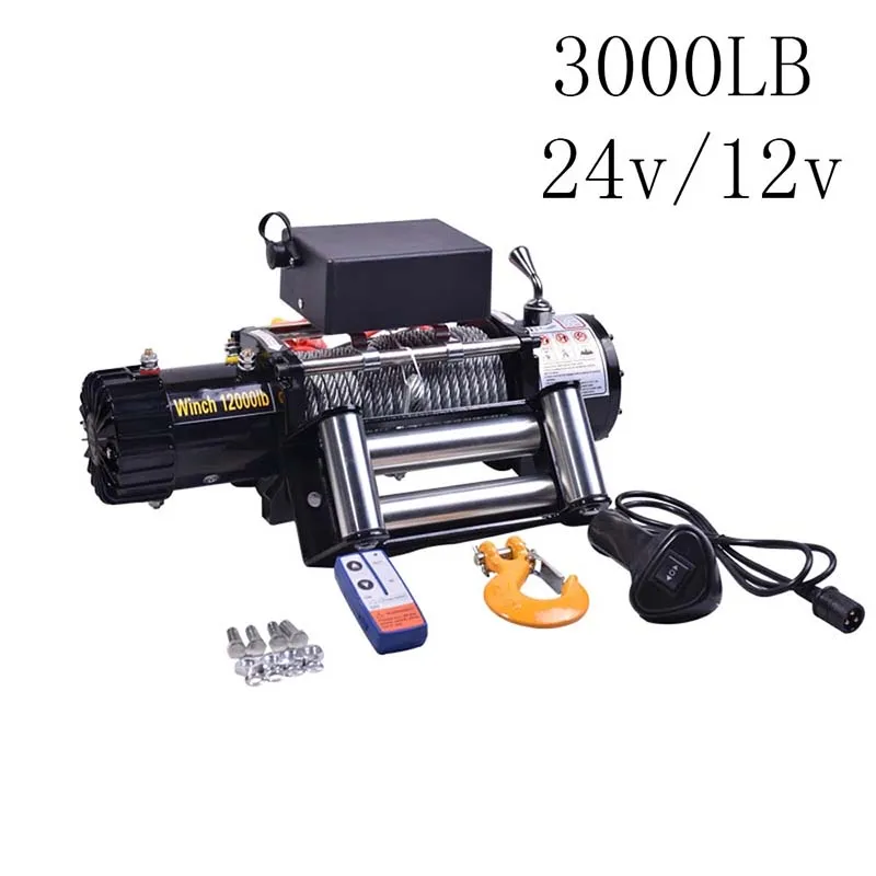 12V/24V Electric Winch 3000lb Off-Road Heavy Duty Car Trailer ATV Remote Control 1360kg 8M Steel Cable Electric Winches Kit