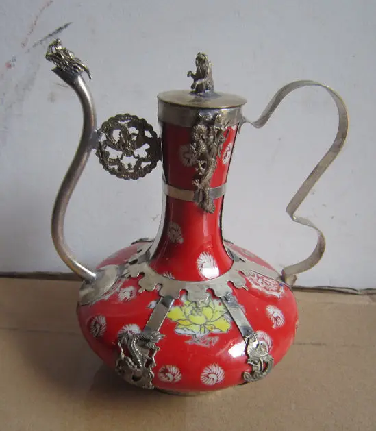 

Antique Collectible Tibetan Silver & Porcelain Inlaid Handmade Teapot Red