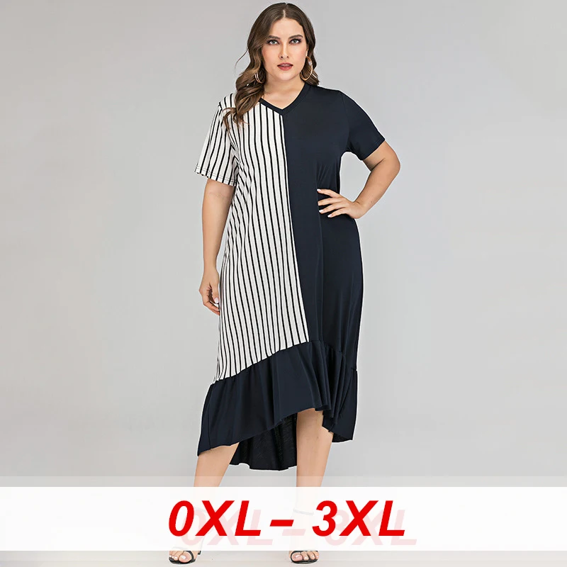 

Casual V Neck Frill Hem Striped Dress Women's Loose Colorblock Asymmetric Midi Dress Female OL Irregular Fold Plus Size Dress
