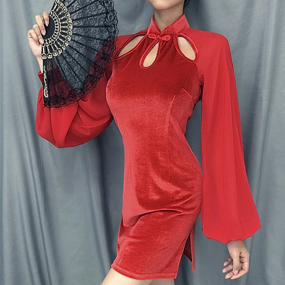Velvet Vestido Sexy Mini Dress Women Hollow Gothic Fashion Casual Goth Club Dresses Vintage Qipao Slit Mesh Lantern Sleeve | Женская