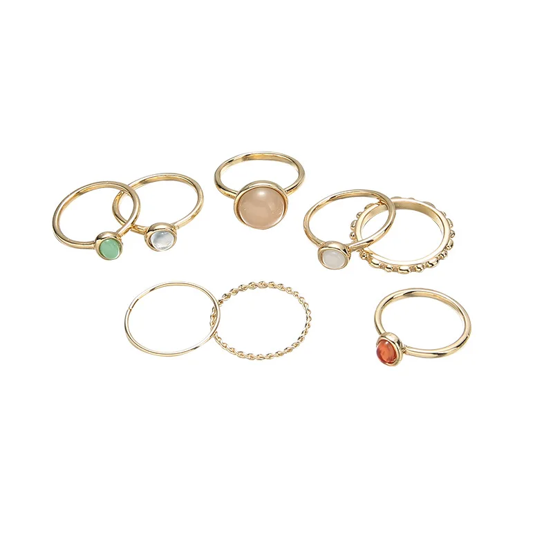

2021 Fashion Geometric Crystal Opal Ring Statement Gemstones Charms Finger Joint Ring For Women Party Wedding Jewelry 8pcs/Set