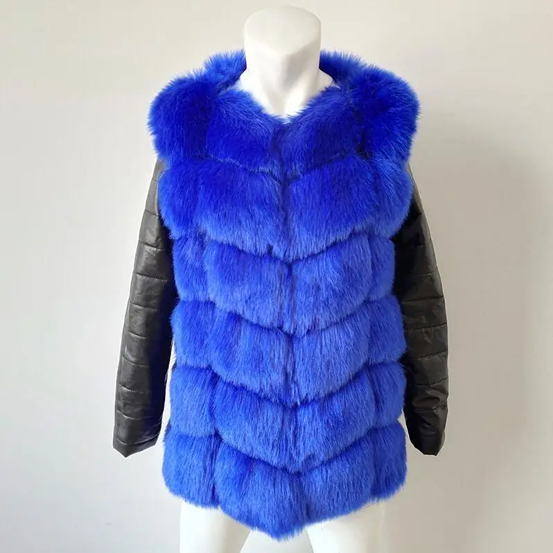 Royal Blue Зима, Новое поступление, теплая женская шуба из искусственного лисьего меха с полиуретановым рукавом, высокая имитация лисьего меха, куртка, черная меховая верхняя одежда - Цвет: Royal Blue