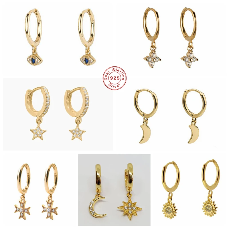 

Sterling Silver Zircon Moon Star Pendant Dangle Earrings for Women Evil Eye Sunflower Charm Circle Drop Earrings Gift Luxury