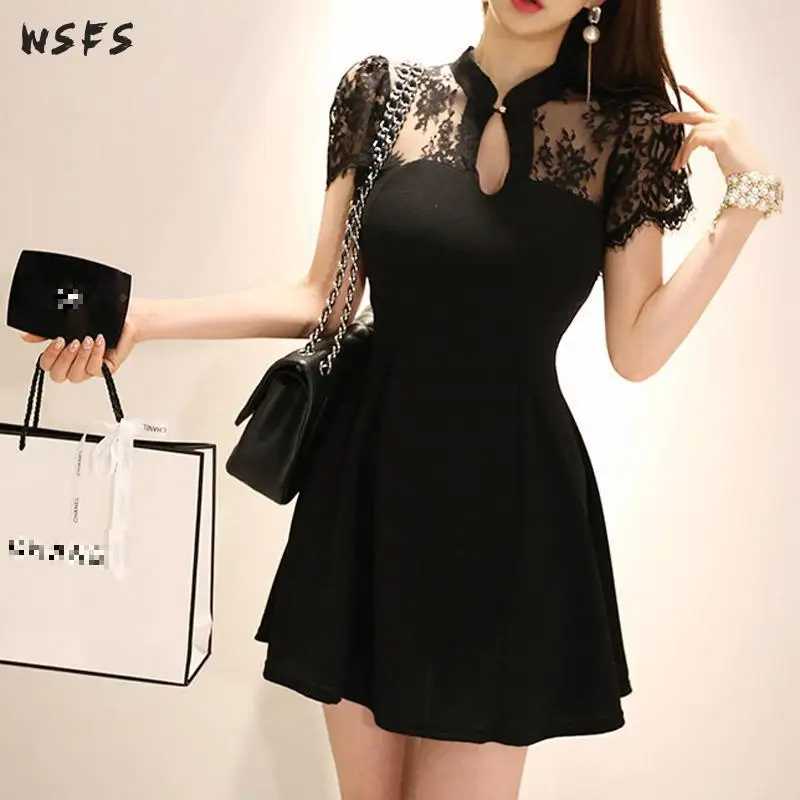 Летние платья черное кружевное женское платье с коротким рукавом прозрачное