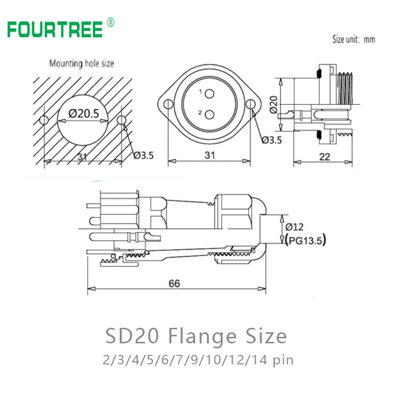 SD20 IP68 Водонепроницаемый фланцевый штекер авиационный разъем Панельное