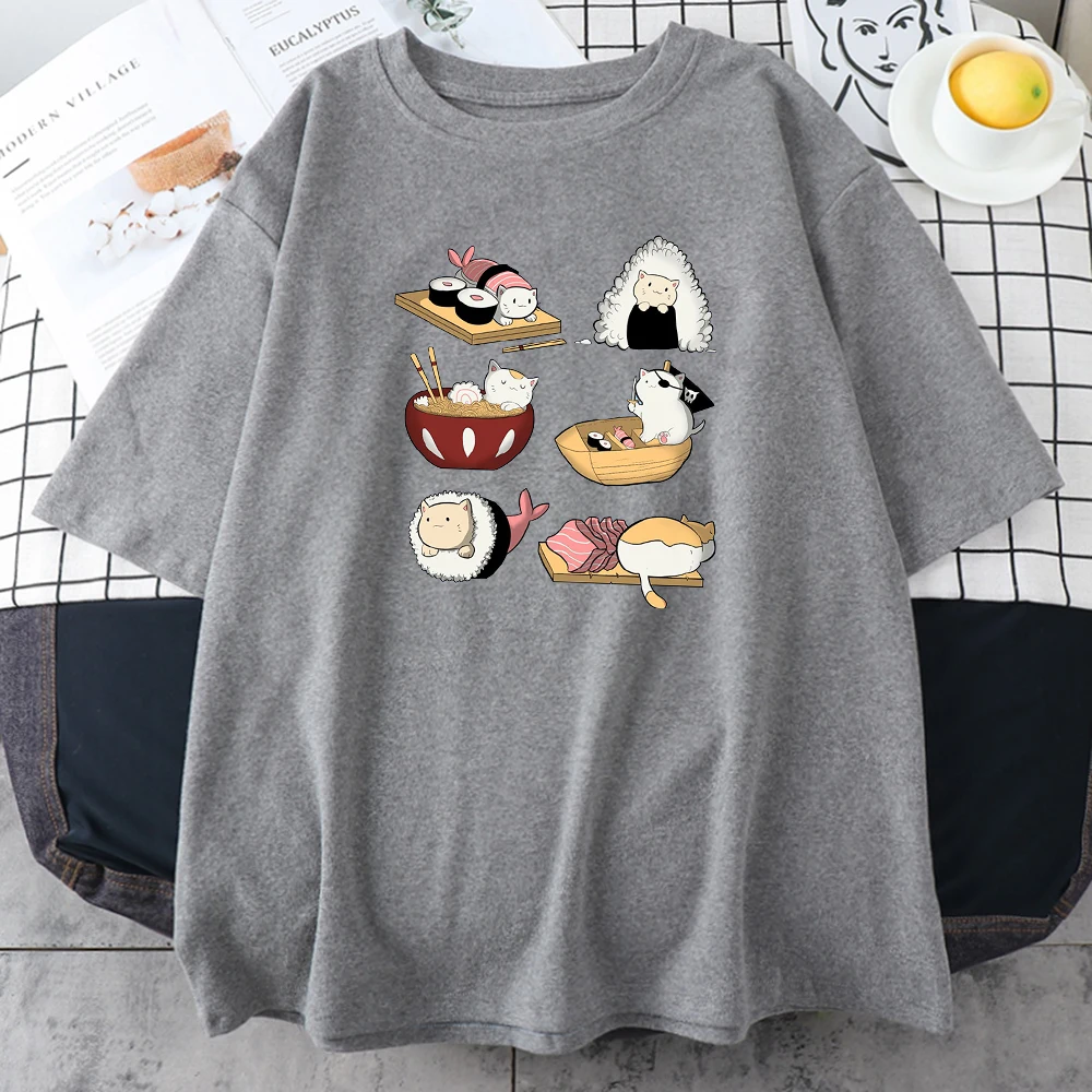 

Cartoon Sushi Print T Shirt Women Oversize O Neck Kawaii Tshirt Fashion Retro Vintage Hip Hop Female Tshirts Summer Tee Shirts