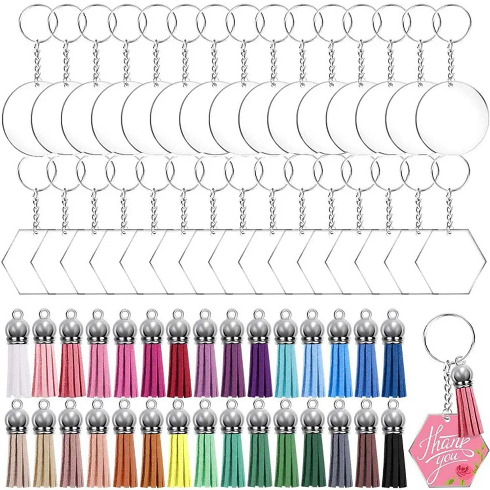 

DIY Acrylic Clear Keychain Rings Transparent Blank Round Circle Tassels Keyring Set DIY To Drawing, Carving, Sticker Decoration