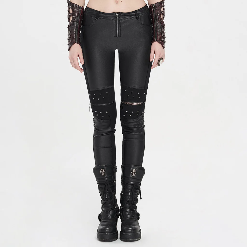 

Women's Punk Rock Personality Daily Casual Pants Rivet Mesh Splice Handsome Skinnt PU Leather Tight Trousers PUNK RAVE