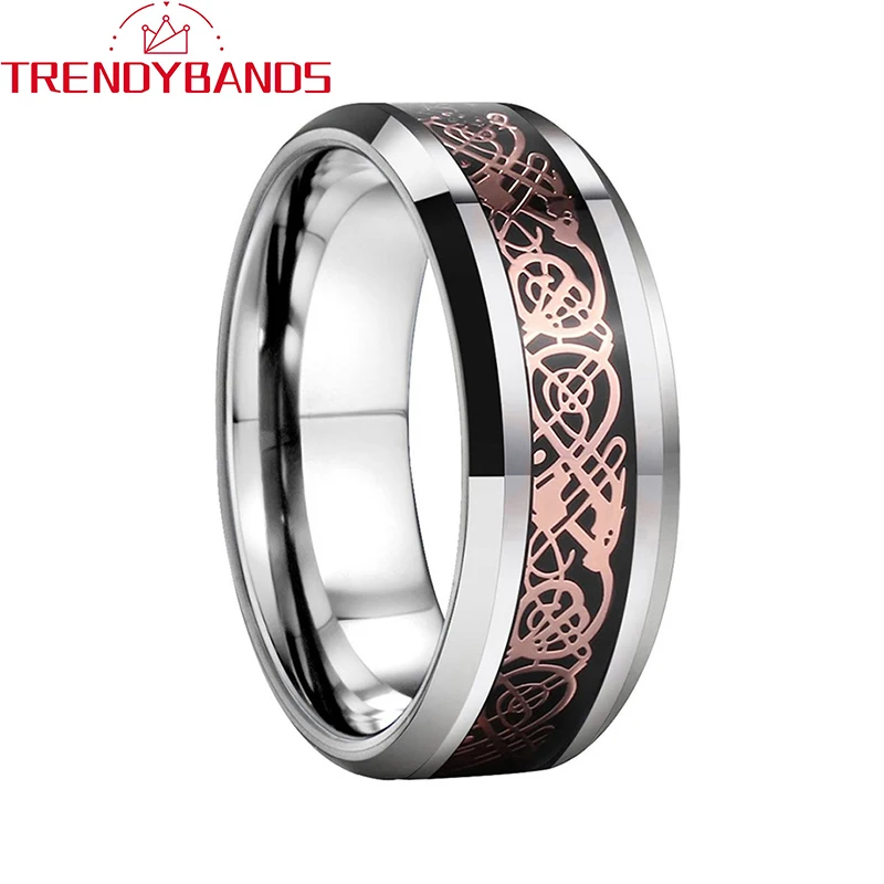 

8mm Mens Womens Wedding Ring Tungsten Ring With Black Carbon Fiber Based Rose Gold Dragon Inlay Comfort Fit