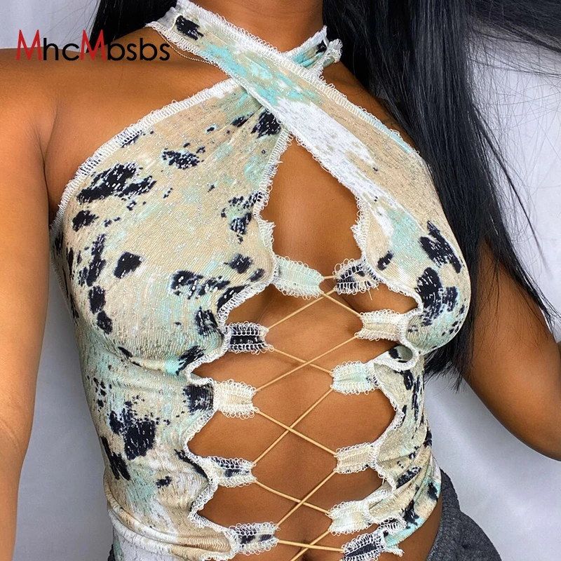 

MHCMBSBS сексуальное платье без рукавов с винтажным принтом топы для женщин с лямкой на шее Hollow Out бандажный Топ Y2K Клубные майки 2021 летняя одежд...