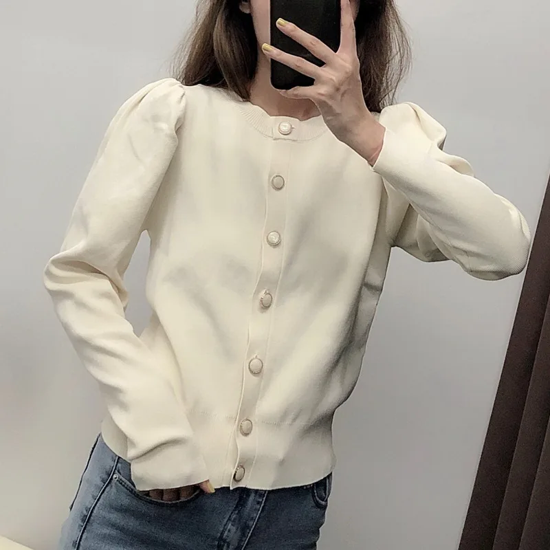 Chic Women Sweater Autumn 2019 New Fashion V-Neck Full Puff Sleeve Modern Lady Cardigans Tops |